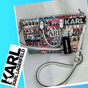 Karl Lagerfeld Paris Womens White Printed Crossbody Satchel Handbag